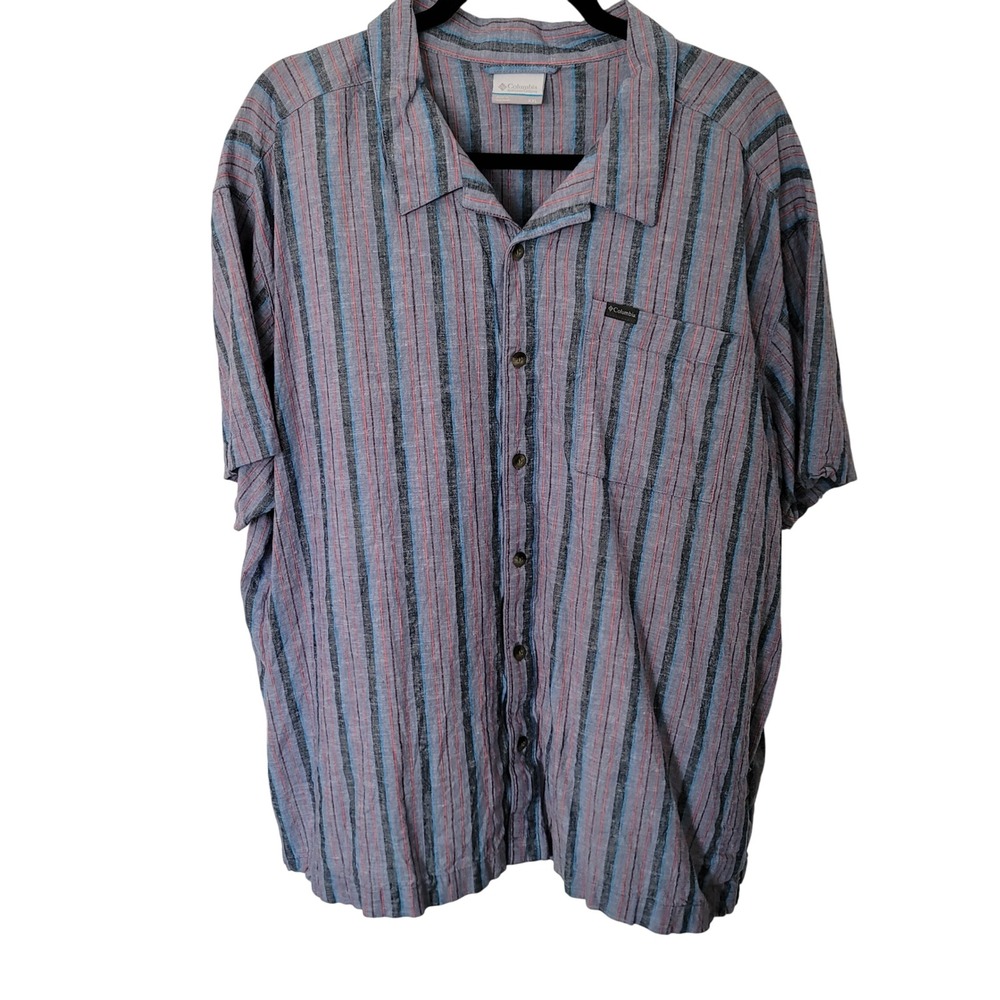Columbia Button‎ Up Shirt Mens XXL Blue Striped Linen Blend Short Sleeve Outdoor